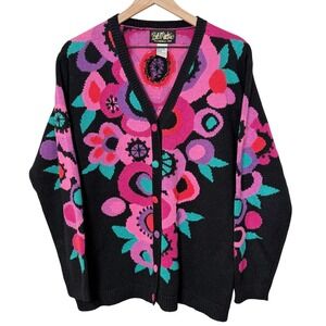 Bob Mackie‎ Wearable Art Black Floral Cardigan Sweter Size Medium Vintage Retro